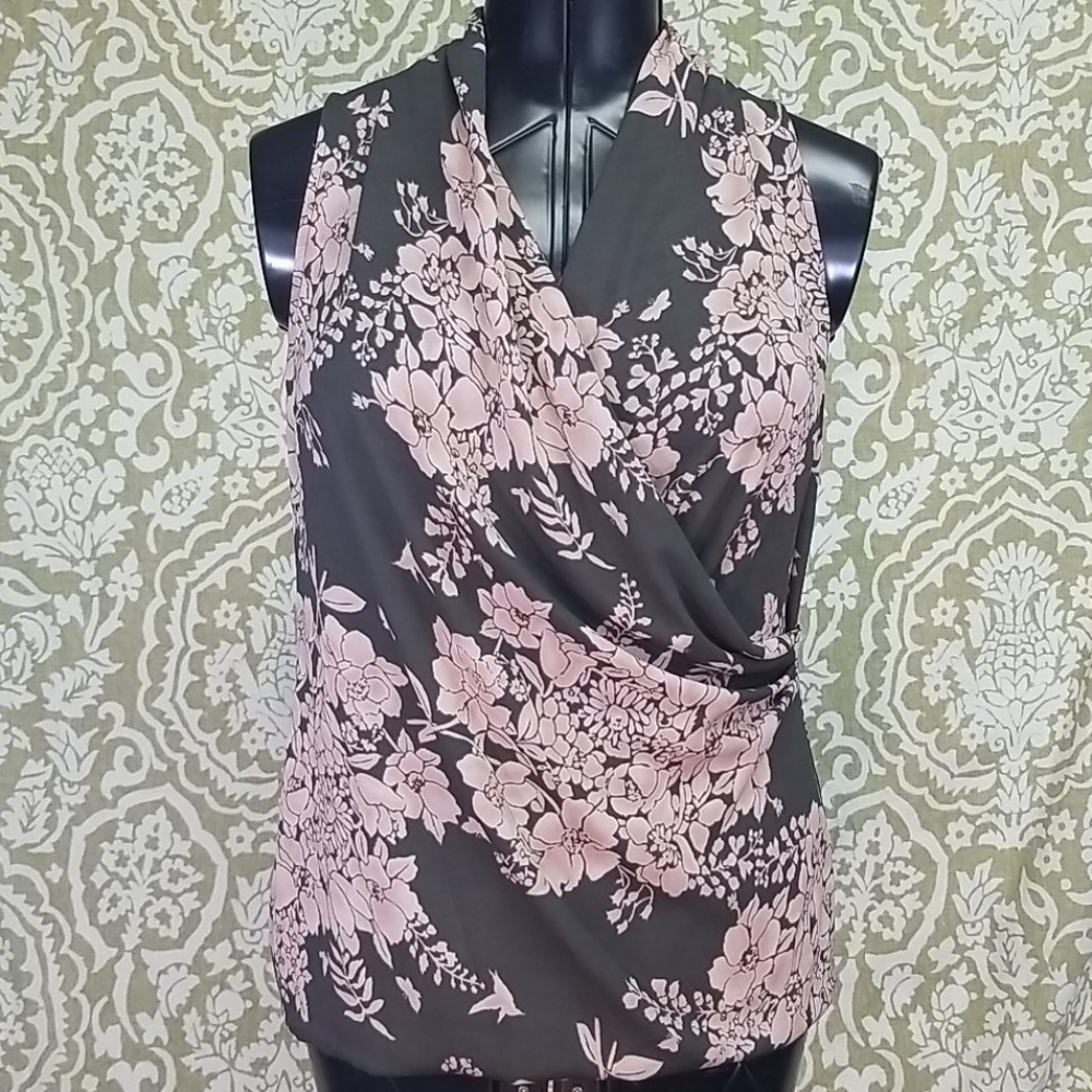 CAbi Draped Pink Grey Floral Top Wrap Sz S